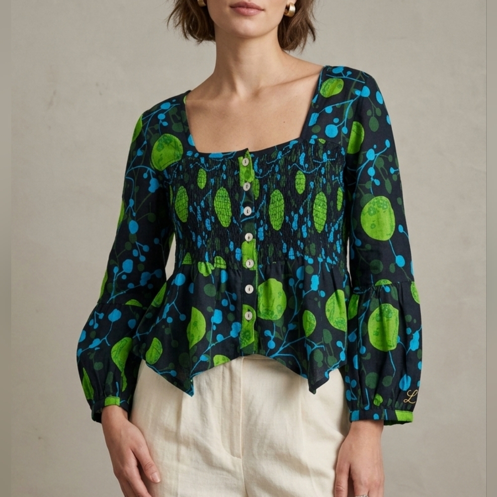 Nid d’abeilles Smocked Cotton Blouse Top Indie Psychedelic Print Size 4